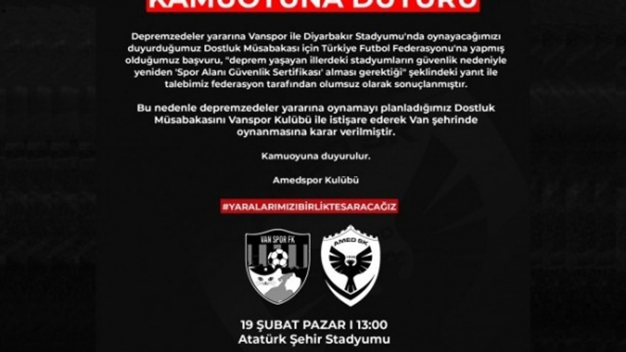 Amedspor ile Vanspor depremzedeler için sahaya çıkıyor